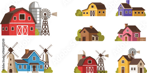 Farm House and Barn Buildings Collection with Windmills, Rural Village Architecture Set, Countryside Homes Vector Illustration Isolated on White Background