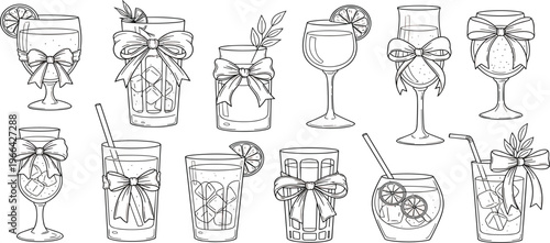 Cocktail Glasses Collection with Lemon, Ice and Decorative Ribbons, Hand Drawn Line Art Illustration Set for Bar Menu, Drinks Design, Party, and Beverage Concepts