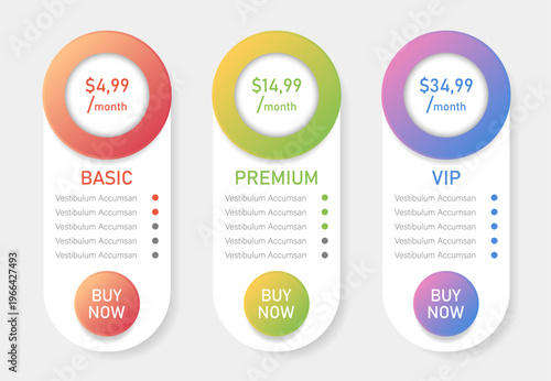 Pricing table plan UI design template with three subscription options. Vector web elements for service comparison, monthly cost layout for landing page and mobile app interface. Clean vector design 