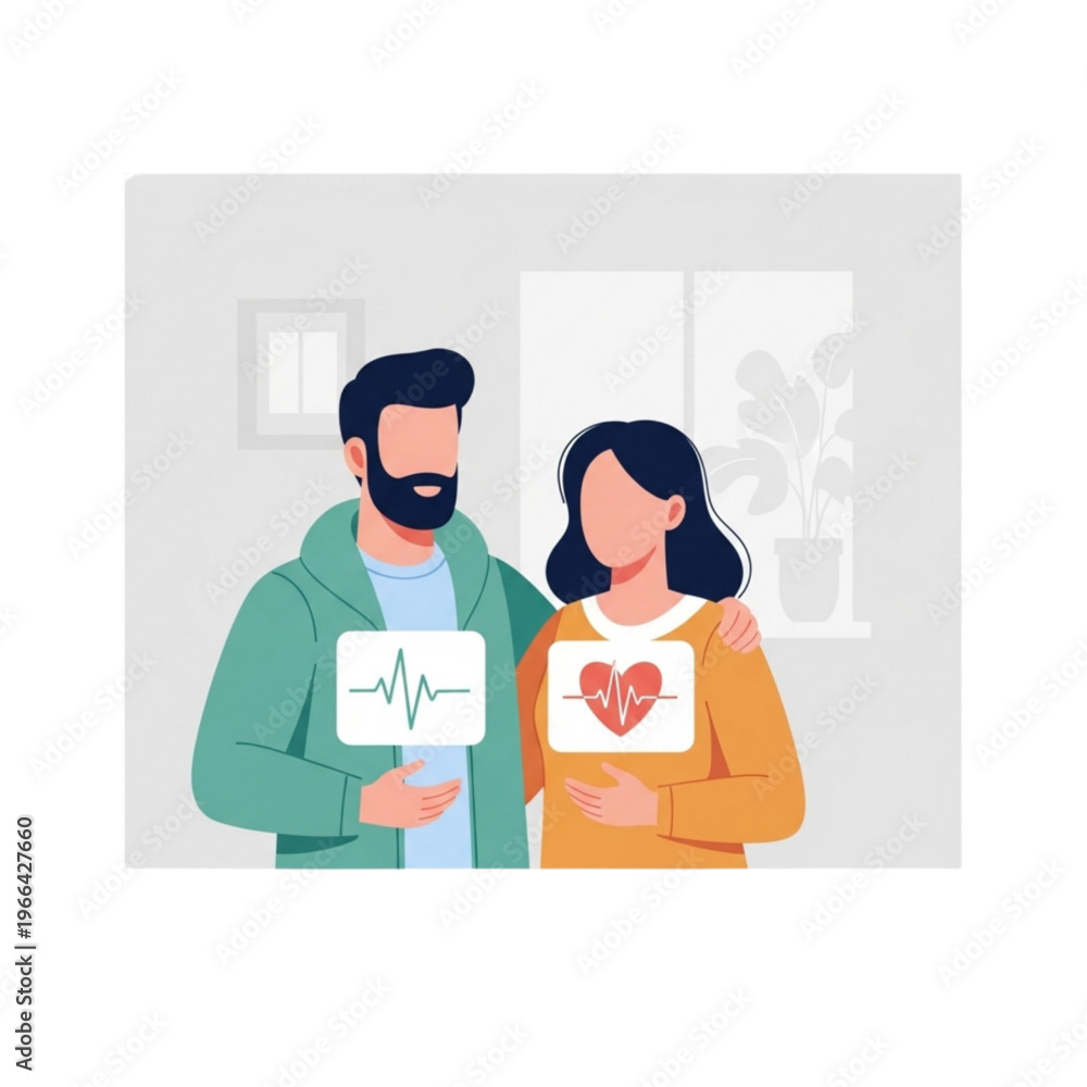 Obraz premium couple holding heart health icons love care medical support concept flat illustration