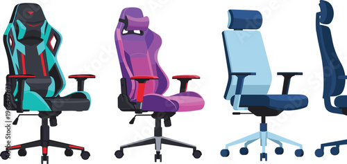 Gaming and Office Chairs Collection with Ergonomic Design, Comfortable Computer Seating Set for Workspace and Esports Vector Illustration