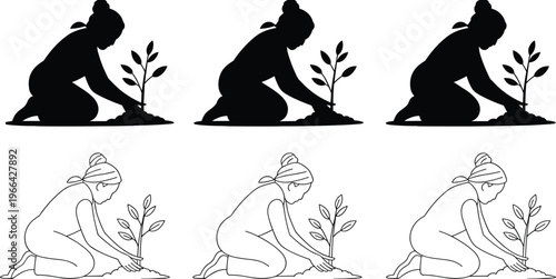 Silhouette of woman planting young tree, environmental conservation concept, gardening activity, eco friendly lifestyle illustration, nurturing nature and sustainability theme
