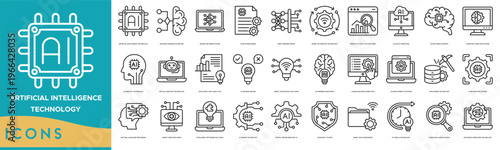 Artificial Intelligence Technology Icon set. Machine Learning Algorithm, Neural Network System, AI Data Processing, Deep Learning Model, Smart Automation Technology and Predictive Analytics Platform
