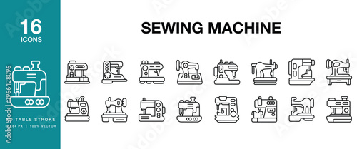 Sewing Machine icon set. Includes sewing, machine, stitch, stitching, textile, fabric and More. Editable Stroke Icon Collection.