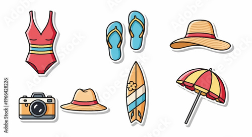 Summer vacation icons, beach stickers, colorful travel symbols, surf and sun vector set