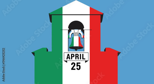Italian bell tower painted with flag colors, featuring a bell and date April 25, isolated on transparent background
