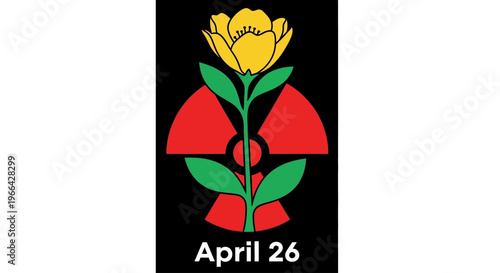 Yellow flower blooming from radioactive symbol with April 26 text, isolated on transparent background