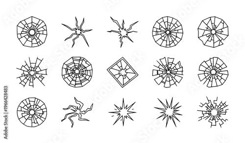 Minimal cracked glass texture set with shattered mirror and impact crack patterns black and white vector