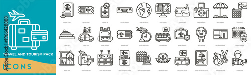 Travel and Tourism Pack Icon set. Passport Stamp, Airplane Ticket, Luggage Tag, Suitcase Handle, Globe Destination, Hotel Booking, Tour Guide Map, Camera Snapshot and Beach Umbrella