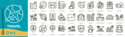 Travel icon set. Travel Map, World Travel, Travel Booking, Travel Itinerary, Luggage Travel, Airplane Flight, Travel Passport, Travel Destination and Travel Agency
