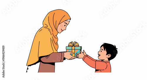Woman wearing a hijab handing a gift to a young boy, with a simple and colorful flat illustration style against a clean white background.