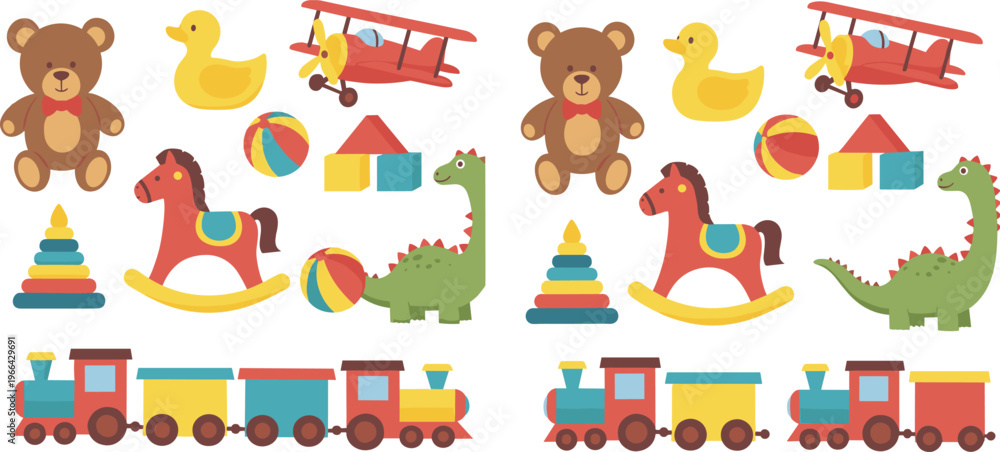 Obraz premium Kids Toys Collection with Teddy Bear, Train, Airplane, Dinosaur and Blocks, Colorful Cartoon Playthings Set for Children Vector Illustration