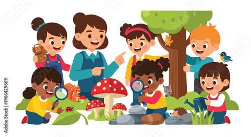 A group of diverse kids and their teacher explore nature outdoors, using magnifying glasses to study mushrooms, small animals, and insects together.