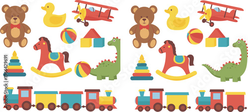 Kids Toys Collection with Teddy Bear, Train, Airplane, Dinosaur and Blocks, Colorful Cartoon Playthings Set for Children Vector Illustration