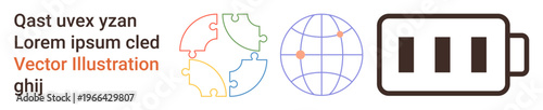 Global energy, problem-solving, sustainable solutions, teamwork, technology, and connectivity. Colorful puzzle pieces, globe symbol and battery icon. Connectivity and global energy
