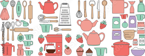 Kitchen Utensils and Cooking Tools Collection with Teapot, Mixer, Measuring Cups and Bakeware, Cute Culinary Vector Illustration Set