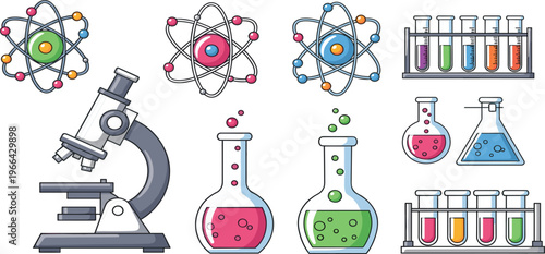 Colorful Chemistry Laboratory Illustration with Microscope, Flasks, Test Tubes and Atomic Models, Science Education Concept