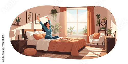 Cozy Bedroom Interior with Woman Stretching in Bed, Morning Routine Scene with Natural Light, Plants, and Modern Home Decor Illustration for Lifestyle and Wellness Concepts