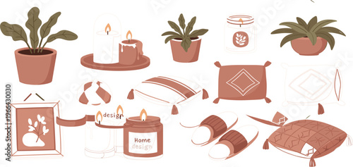 Cozy Home Decor Elements Collection with Candles, Plants, Pillows and Slippers, Aesthetic Illustration Set for Interior Design, Hygge Lifestyle, Relaxation, and Comfort Concepts