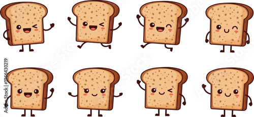 Cute Bread Slice Characters Set with Funny Facial Expressions, Cartoon Food Illustration for Bakery, Kids Design, Stickers, Packaging, and Playful Branding Concepts