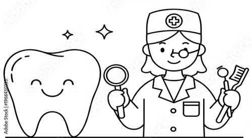 Cute Dentist Character with Happy Tooth Holding Dental Tools, Oral Care Line Art Illustration for Healthcare, Hygiene Education, Pediatric Dentistry, and Medical Design Concepts