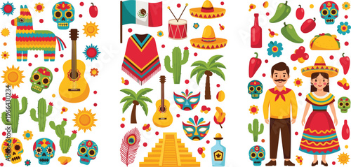 Mexican Culture Elements Collection with Sombrero, Mariachi, Cactus, Skull and Flag, Traditional Mexico Symbols Vector Illustration Set