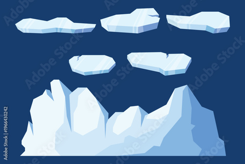 Iceberg shapes in cool blue tones on a dark navy backdrop. Ideal for Arctic, winter, and ocean themes, design projects, or visual storytelling of pristine, icy landscapes.	