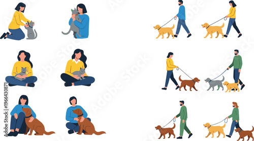 People with Pets Collection Walking Dogs and Holding Cats, Daily Life Animal Care Scenes Vector Illustration Set