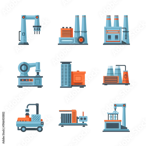 Industrial Automation Icons: Robots, Factories, Machinery, and Manufacturing Processes