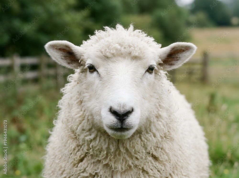 Fototapeta premium Close-up portrait of a fluffy white sheep grazing on green grass in a field during the day