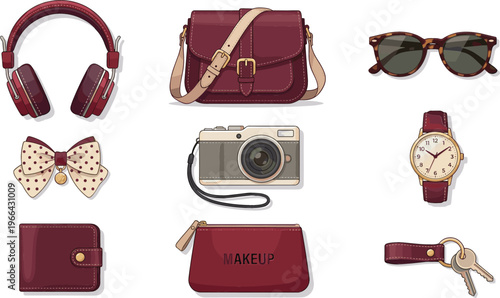 Personal Accessories Vector Set Featuring Headphones Handbag Sunglasses Camera Watch Wallet Makeup Pouch Keys and Fashion Items for Lifestyle and Travel Design