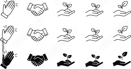 Black and white line and silhouette icons of clapping hands, business handshake, and hands holding a growing plant for success.