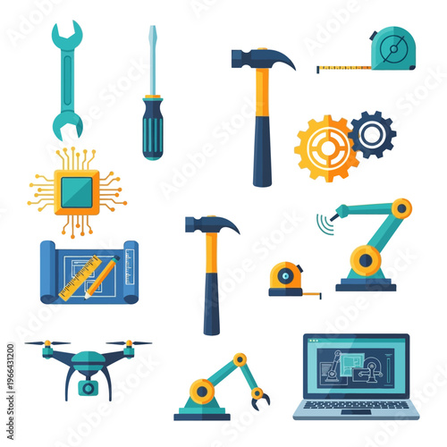 Engineering and Technology Icons: Tools, Robotics, Drone, Laptop, Blueprint, Chip