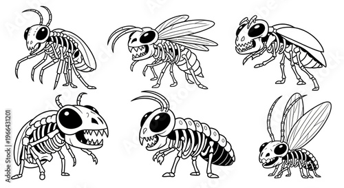 Diverse collection of humorous cartoon insect skeletons, including a bee, wasp, and caterpillar, standing playfully on an isolated white background.