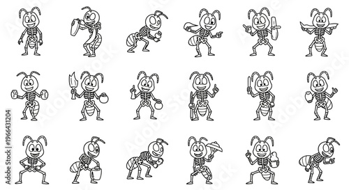 Playful collection of cartoon ant skeletons in various humorous poses and expressions, dancing and walking on an isolated white background.
