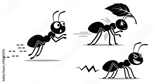 Expressive cartoon ants showing various actions and emotions, including running, carrying a leaf, and appearing angry, on an isolated white background.