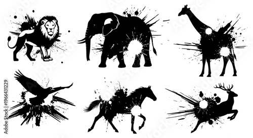 Majestic collection of powerful wild animal silhouettes with dynamic grunge splash effects, including a lion, elephant, and giraffe, on an isolated white background.