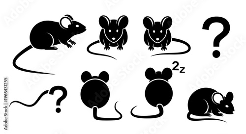 Collection of curious and sleepy mouse characters in various poses with question marks, depicted on an isolated white background.