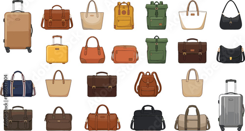 Large Travel Bag Collection Vector Set Featuring Suitcases Backpacks Handbags Briefcases Duffel Bags and Totes for Tourism Lifestyle Business and Modern Design Projects