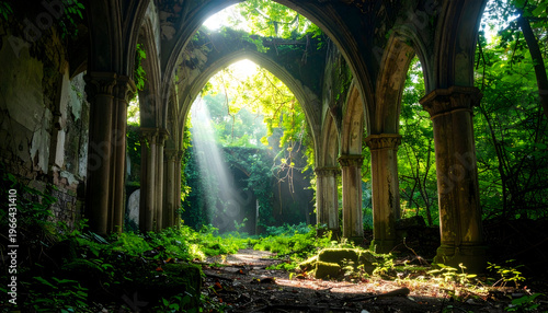 Enchanting ruins of an ancient stone structure overgrown with lush greenery, with sunlight streaming through arches, creating a mystical, serene atmosphere of nature reclaiming history.
