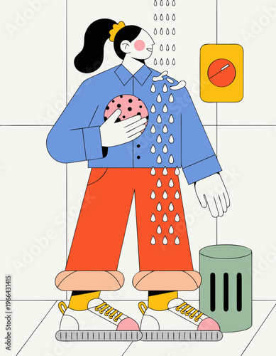 Cartoon illustration of a woman preparing to take a shower, holding a washcloth, with water droplets falling and a trash bin in the bathroom setting