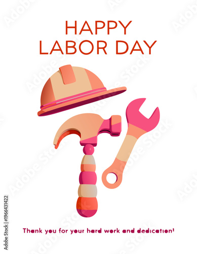 Colorful illustration of a hard hat, hammer, and wrench with a "Happy Labor Day" message, celebrating workers' contributions and dedication to their professions