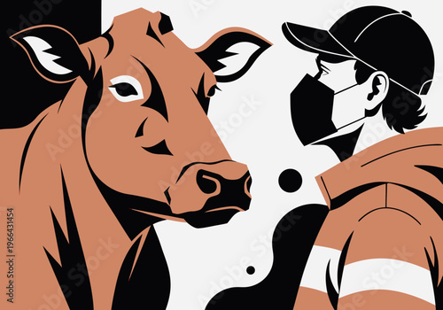 Close up composition of a cow face facing strong emotional stress for farmer, suspected foot-and-mouth disease in cow wearing mask, with stylized illustration highlighting animal's features