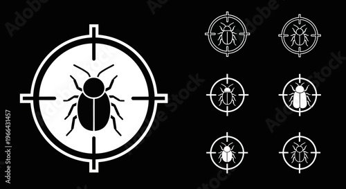 Target Sights with Bugs Icons Set on Black and White Backgrounds, Representing Pest Elimination