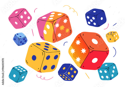 Colorful dice flying in motion with dynamic composition featuring various shapes and colors on a white background, ideal for games and entertainment themes