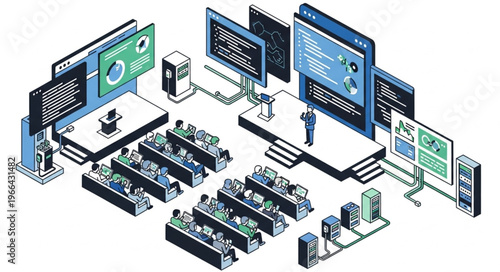 Isometric Conference Room with Speakers and Audience Illustration.