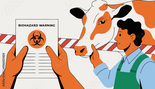 Close up split composition showing hands holding a biohazard Foot-and-mouth disease warning document for farmer and a person interacting with a cow in a farm setting