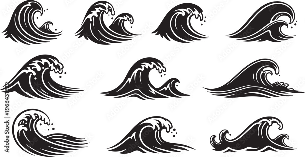 Fototapeta premium Black and white wave icons in various crashing styles
