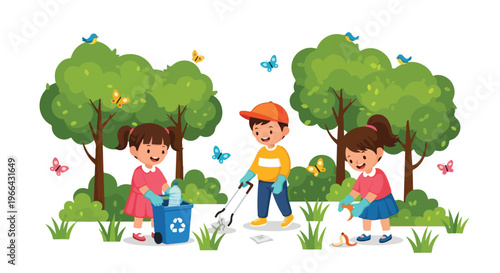 Three children are actively cleaning a park by picking up litter and using a recycling bin, surrounded by lush green trees and flying butterflies.
