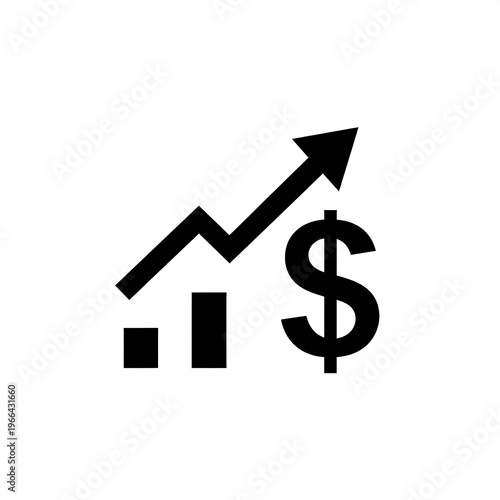 Simple financial illustration featuring a rising arrow, bar chart, and dollar symbol, representing business analytics, revenue growth, investment progress, and economic improvement.